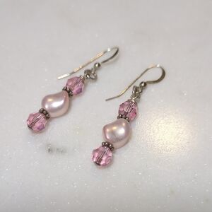 New Elegant 925 Sterling Silver Pink Pearl and Crystal Earrings
